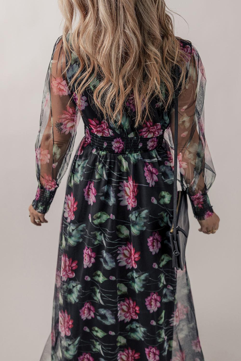 Sheer Mesh Bloemen Maxi Jurk met Hoge Taille - Floral Dresses - Jurkjes.co