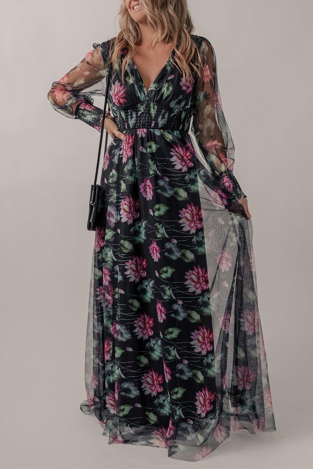 Sheer Mesh Bloemen Maxi Jurk met Hoge Taille - Floral Dresses - Jurkjes.co