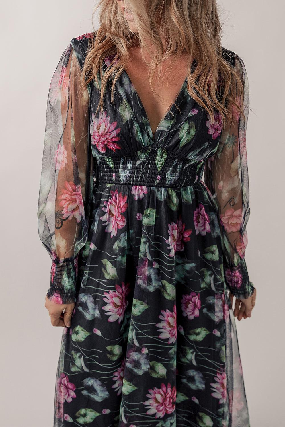 Sheer Mesh Bloemen Maxi Jurk met Hoge Taille - Floral Dresses - Jurkjes.co