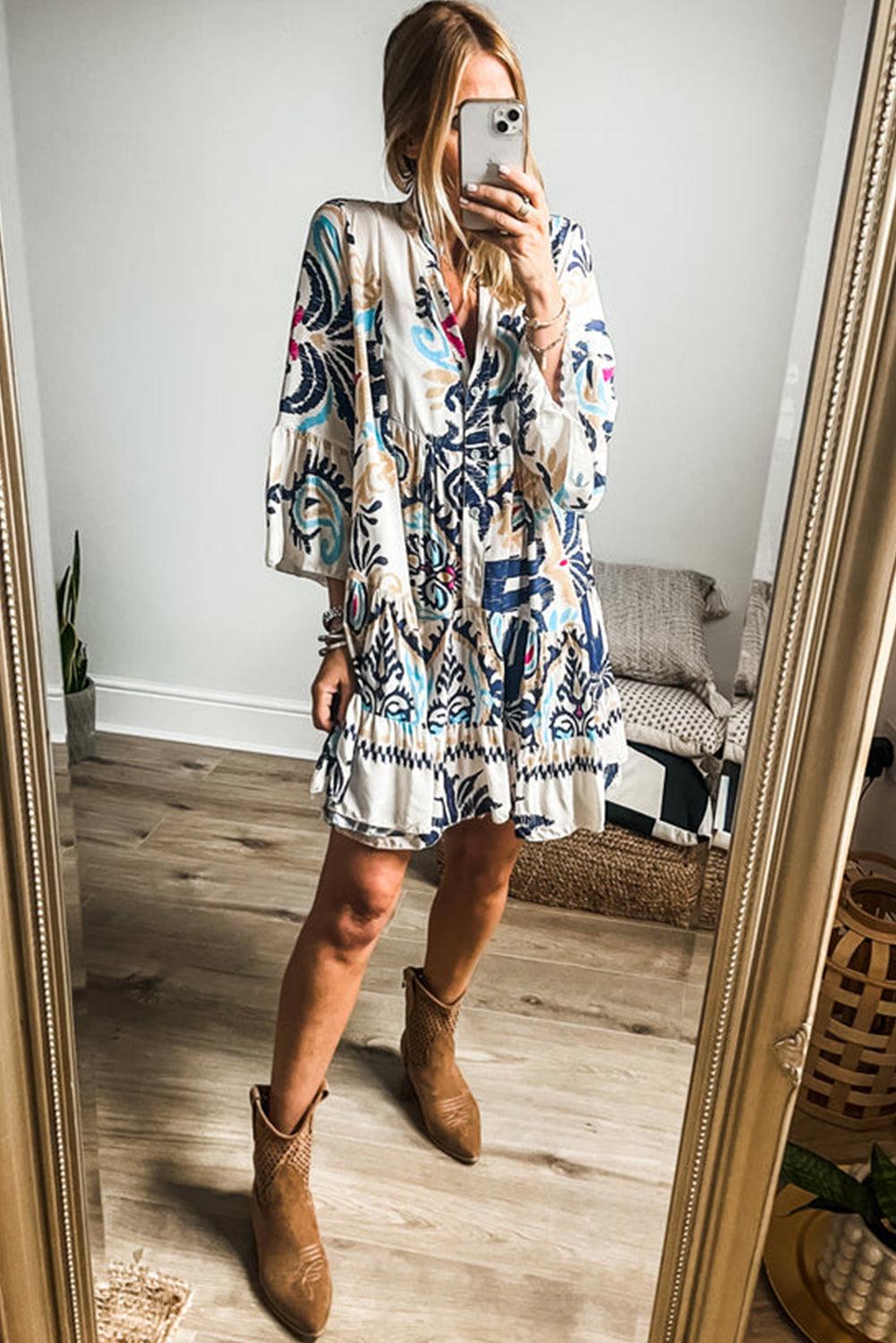 Tribal Print Mini Jurk met Armbandmouwen - Mini Dresses - Jurkjes.co