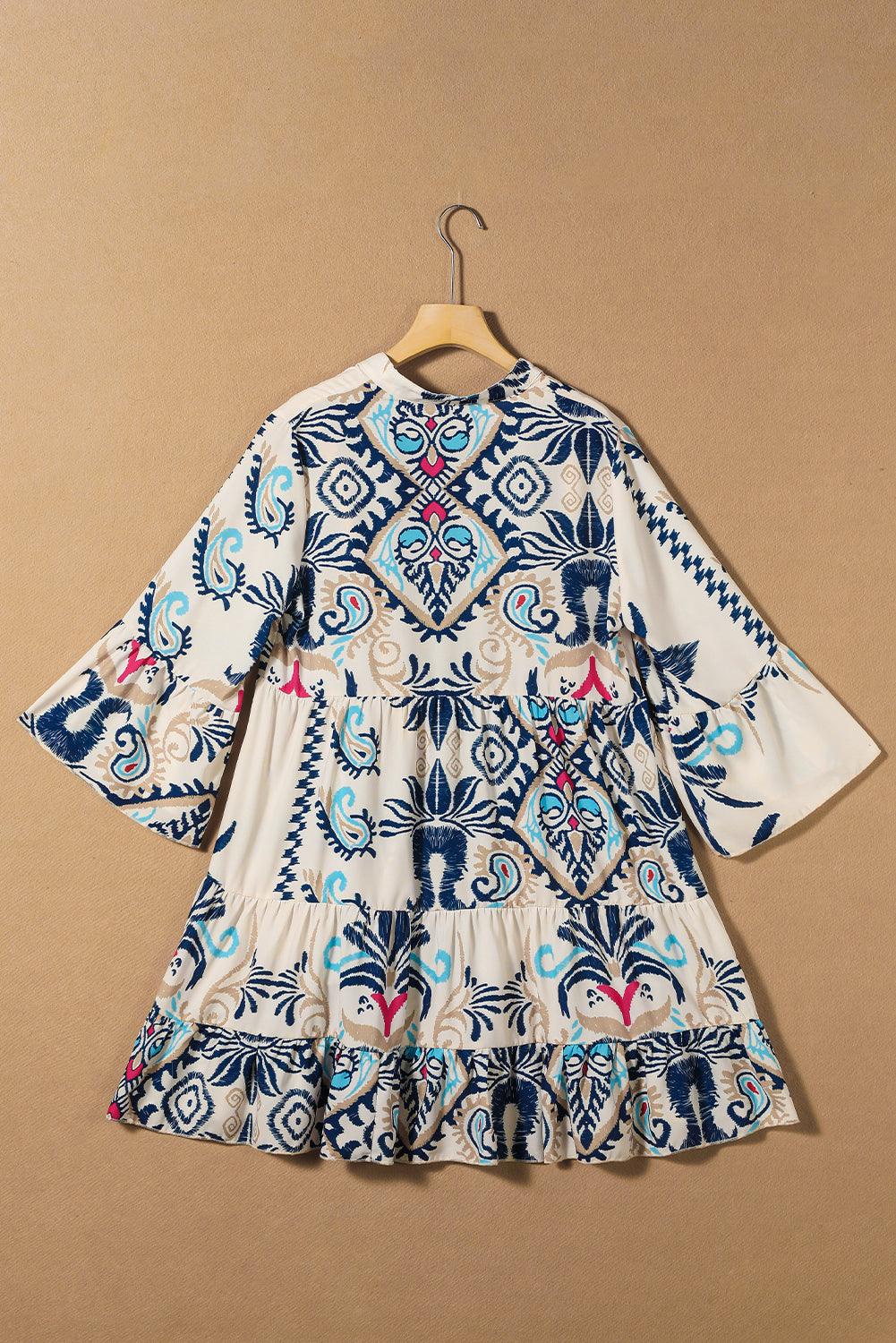 Tribale Print Knoopjurk met Mouwen - Mini Dresses - Jurkjes.co