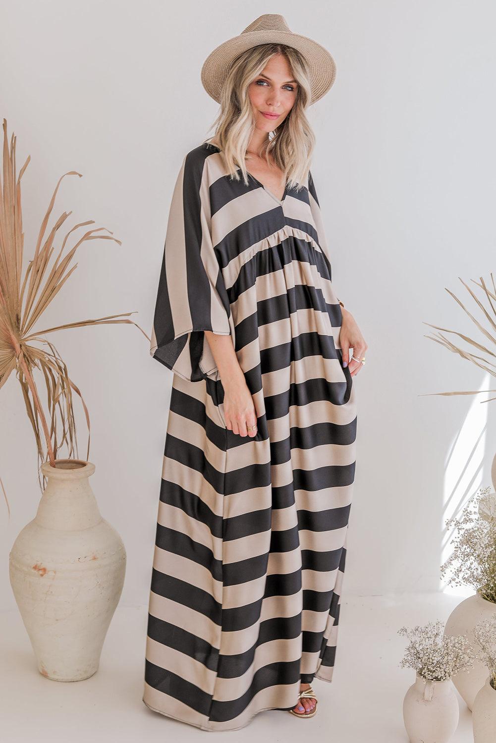 V-hals Kimono Maxi Jurk met Strepen - Maxi Dresses - Jurkjes.co