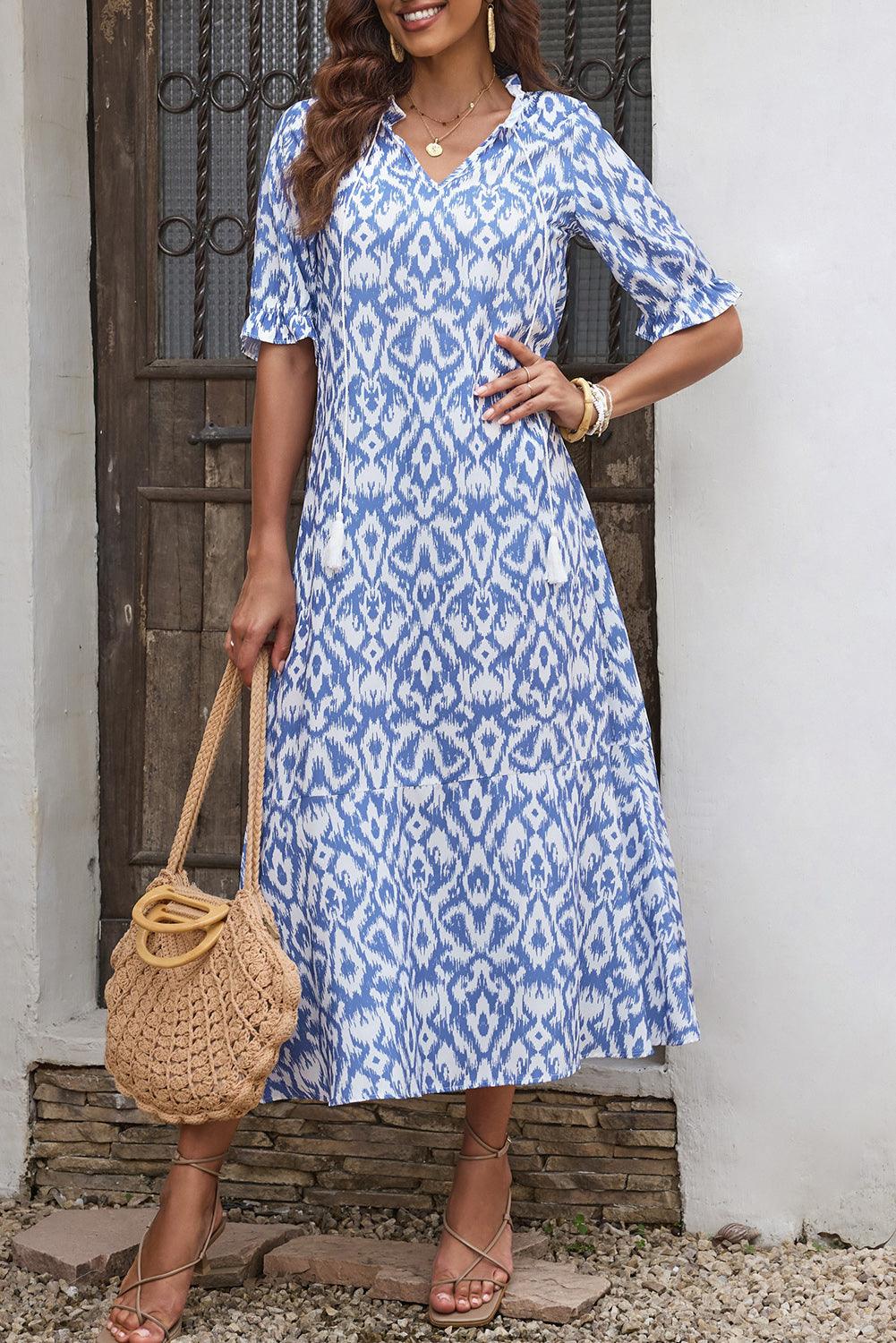 V-Hals Maxi Jurk met Geometrische Print - Maxi Dresses - Jurkjes.co