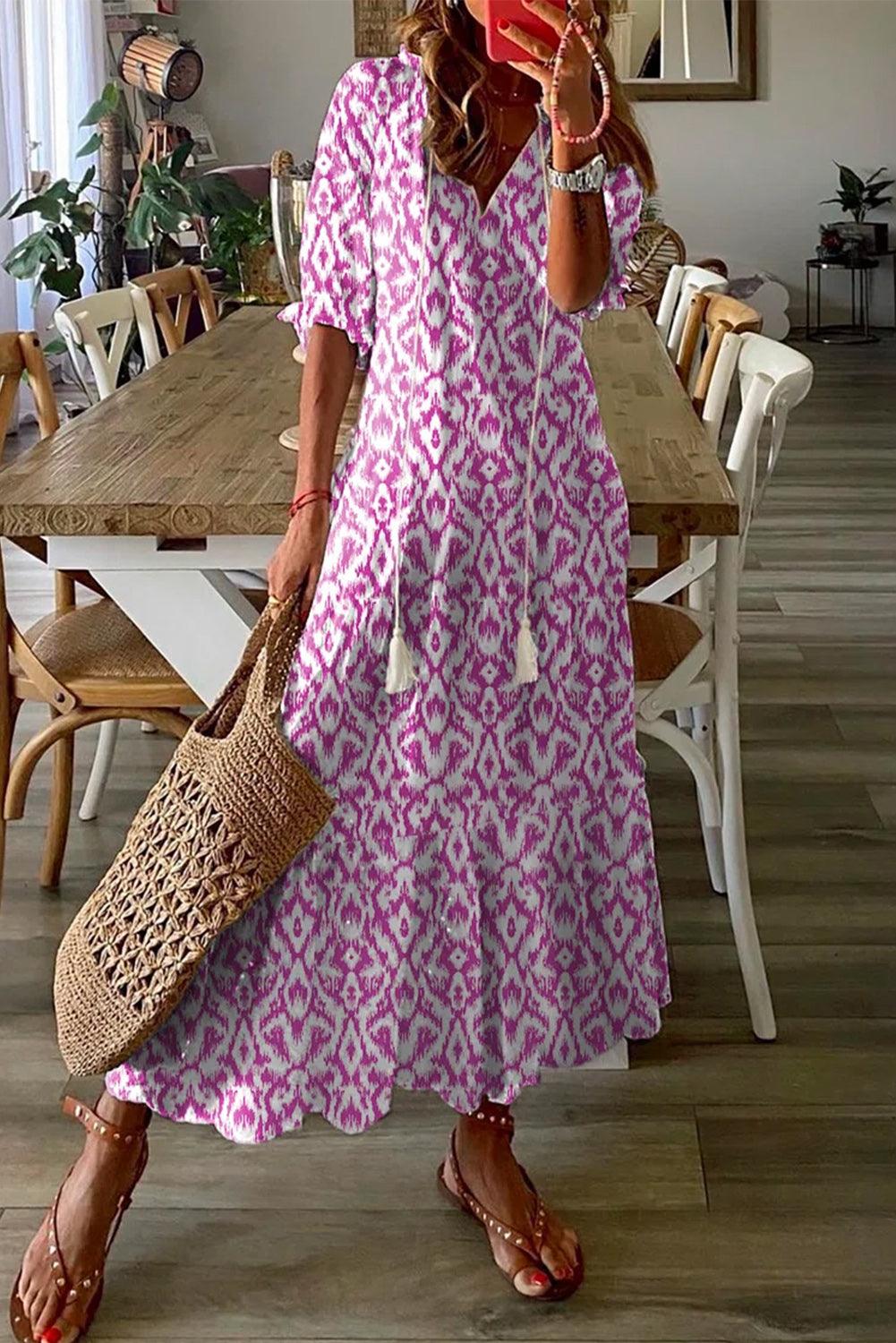 V-Hals Maxi Jurk met Geometrische Print - Maxi Dresses - Jurkjes.co