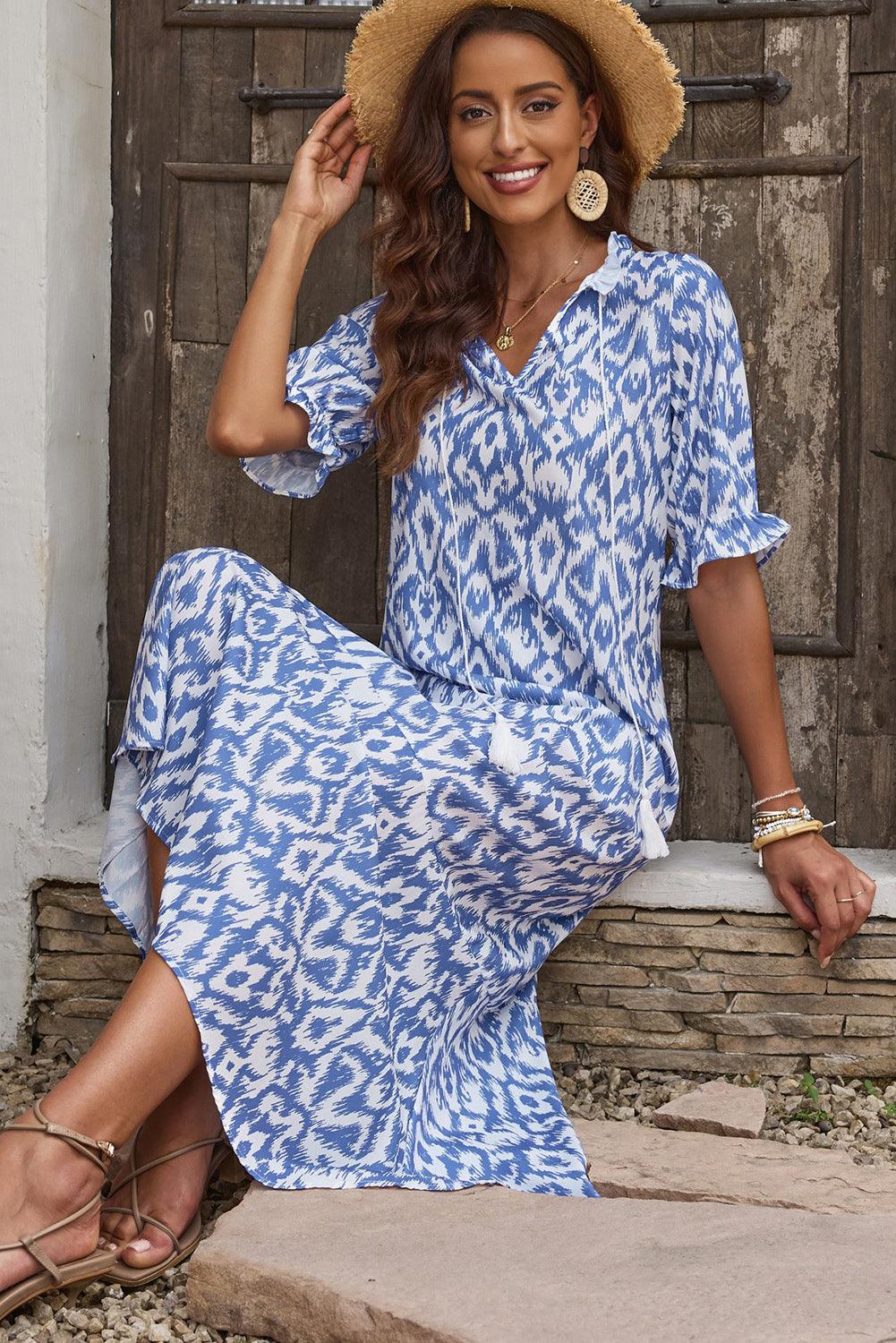 V-Hals Maxi Jurk met Geometrische Print - Maxi Dresses - Jurkjes.co