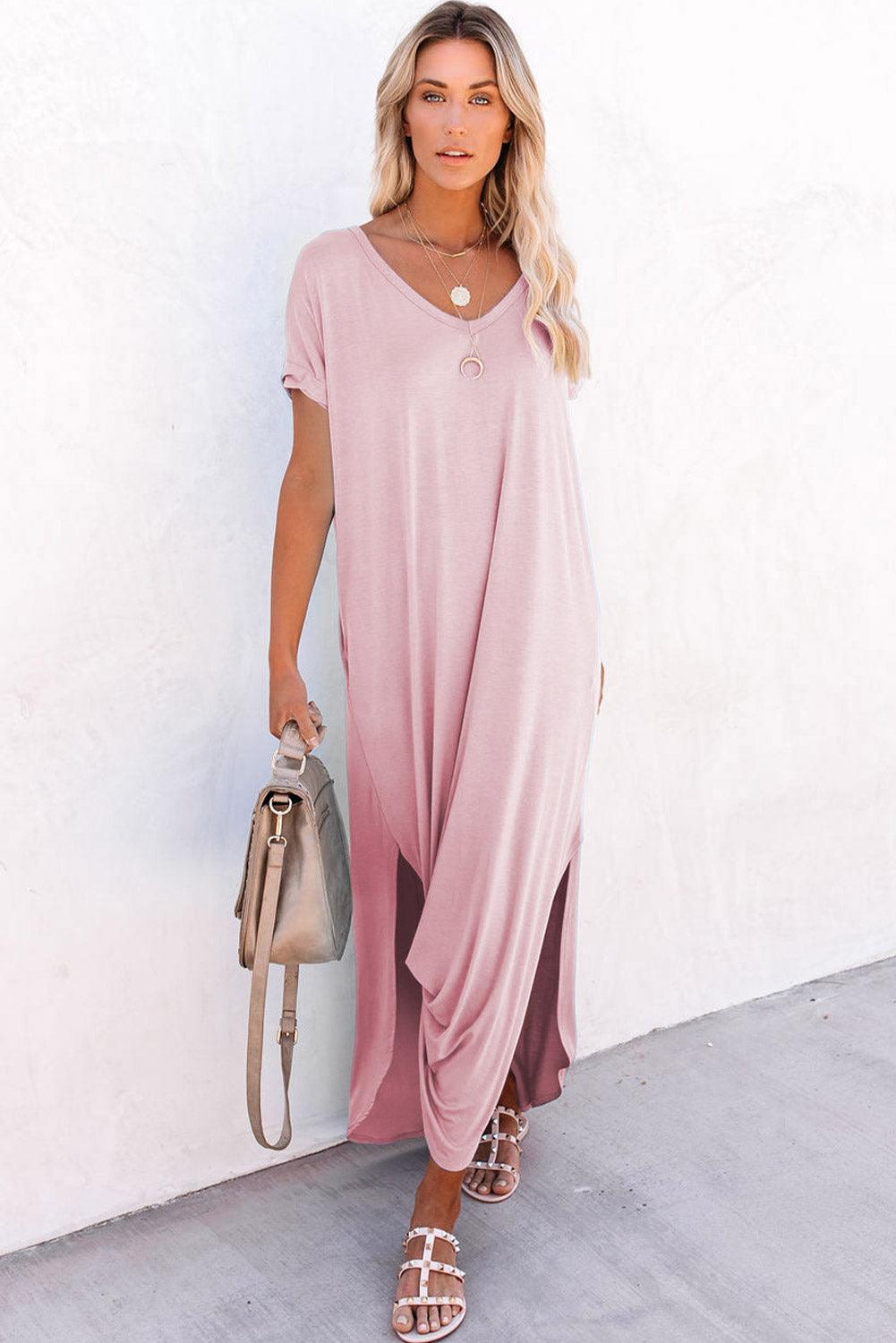 V-Hals Maxi T-shirt Jurk met Split & Zak - T Shirt Dresses - Jurkjes.co