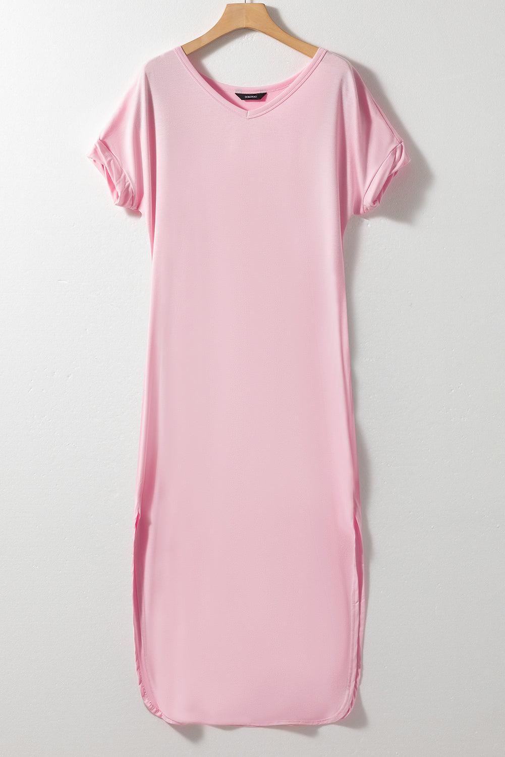 V-Hals Maxi T-shirt Jurk met Split & Zak - T Shirt Dresses - Jurkjes.co