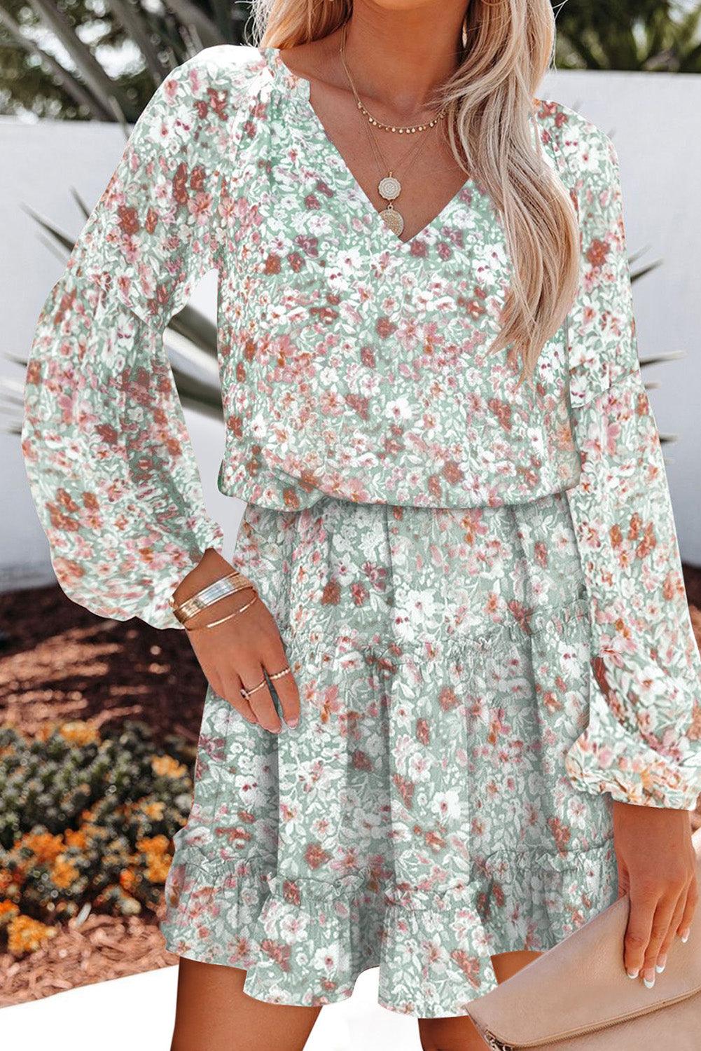 V-hals Tuniekjurk met Pofmouwen Bloemen - Floral Dresses - Jurkjes.co