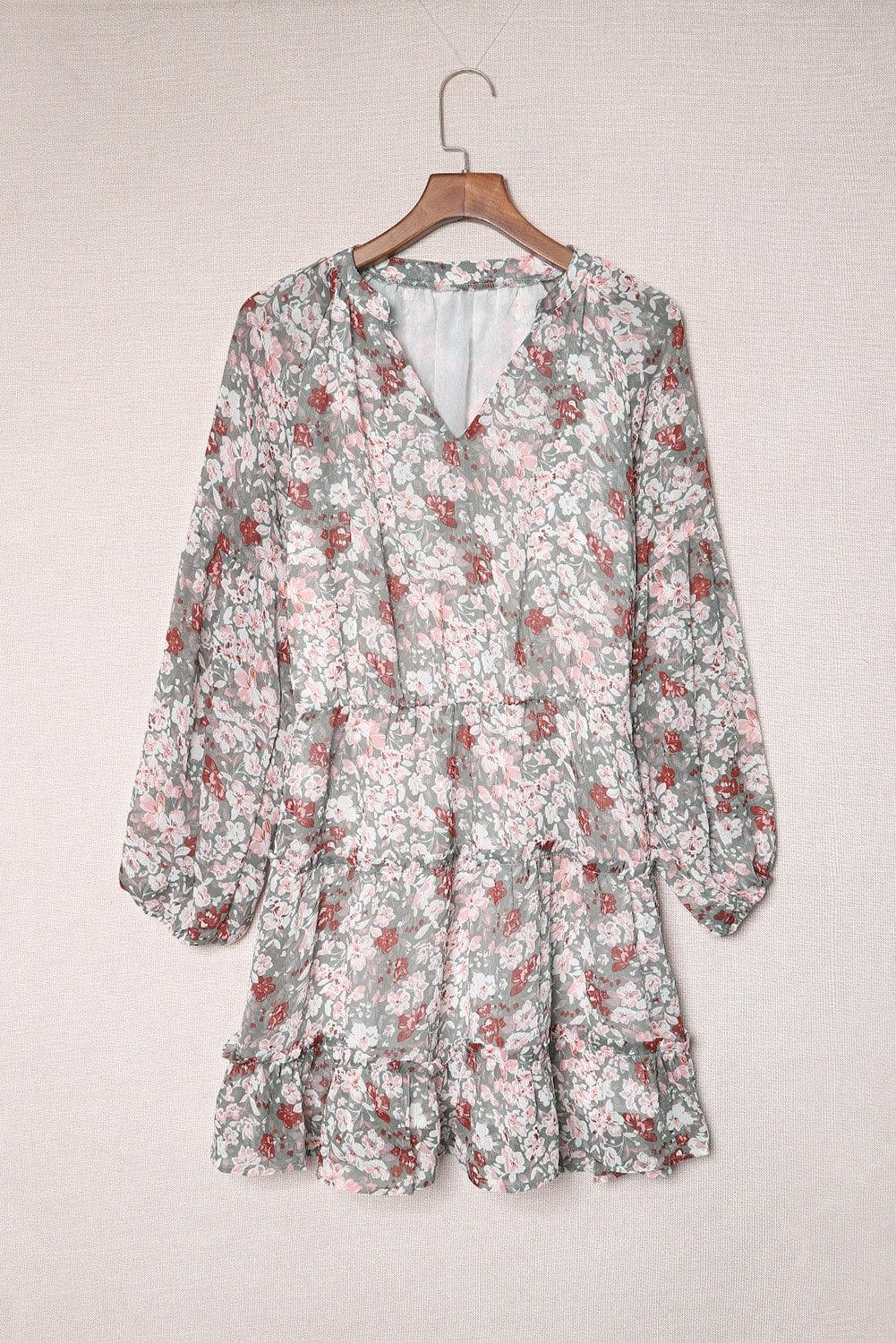 V-hals Tuniekjurk met Pofmouwen Bloemen - Floral Dresses - Jurkjes.co