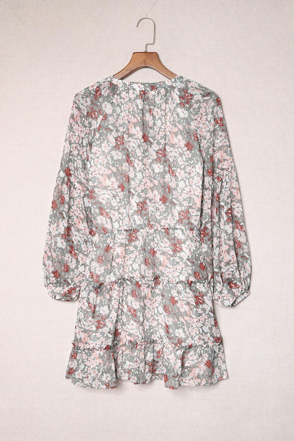 V-hals Tuniekjurk met Pofmouwen Bloemen - Floral Dresses - Jurkjes.co