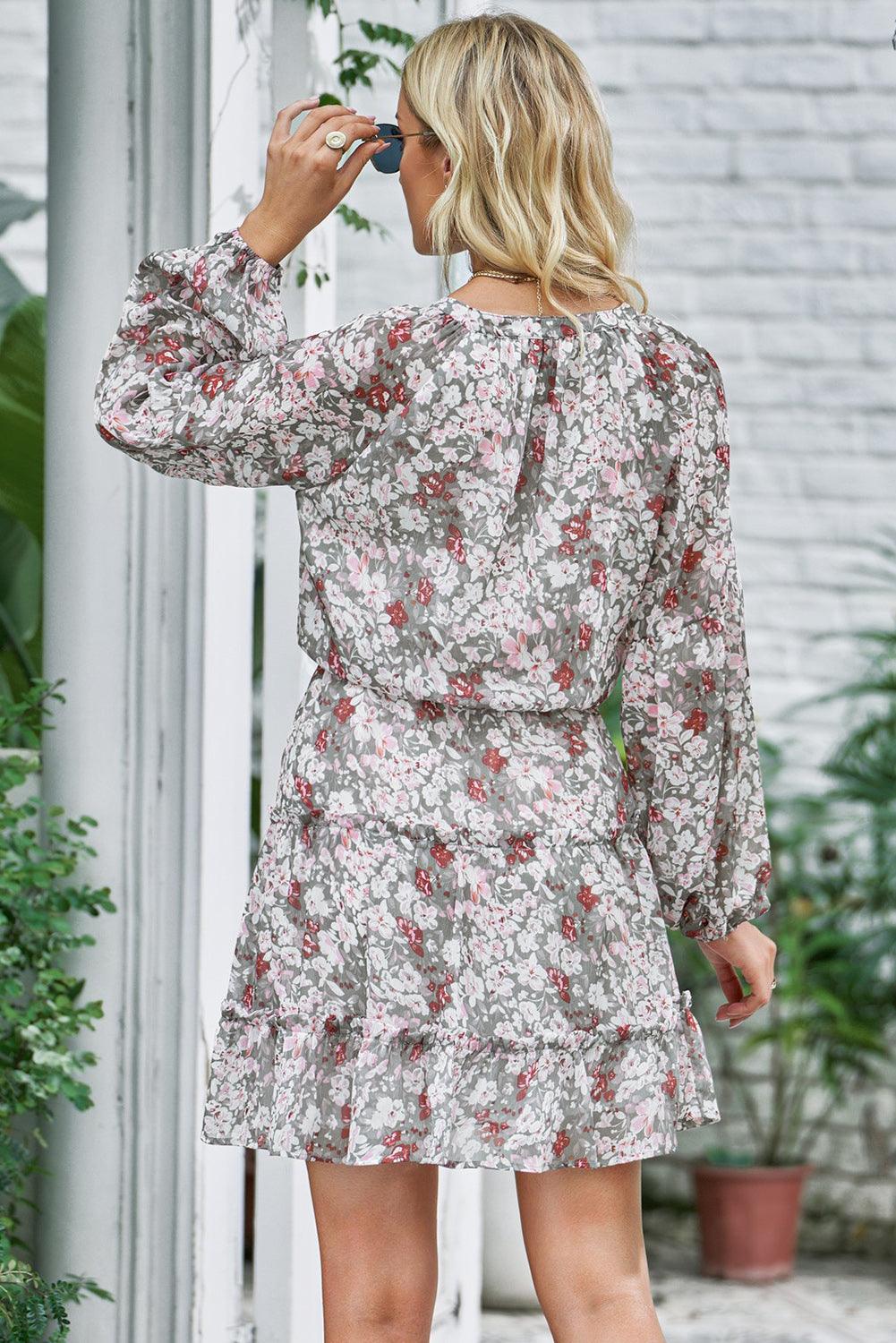 V-hals Tuniekjurk met Pofmouwen Bloemen - Floral Dresses - Jurkjes.co