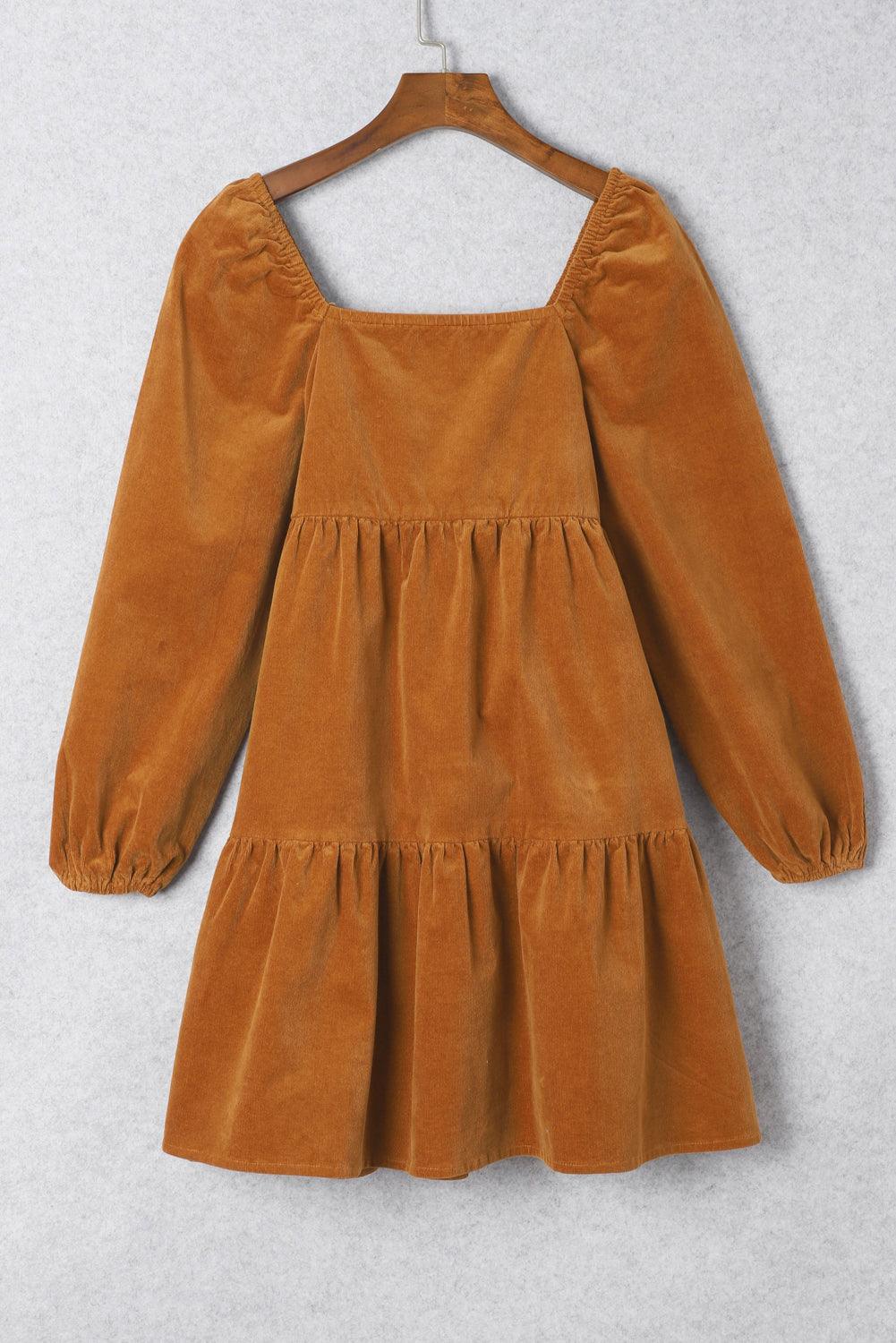 Vierkant Hals Corduroy Mini Jurk - Mini Dresses - Jurkjes.co