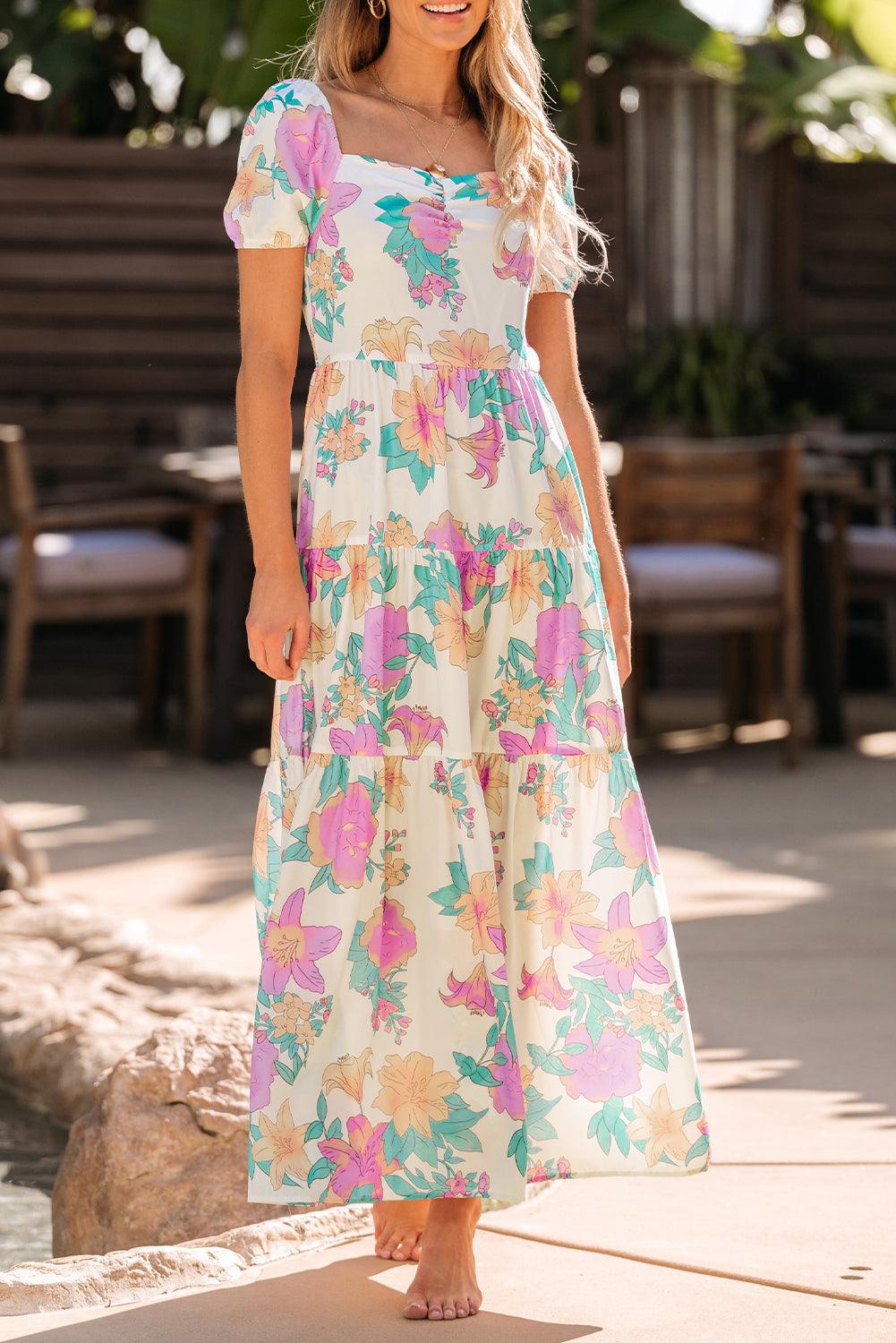 Vierkante Hals Pofmouw Bloemen Maxi-Jurk - Floral Dresses - Jurkjes.co