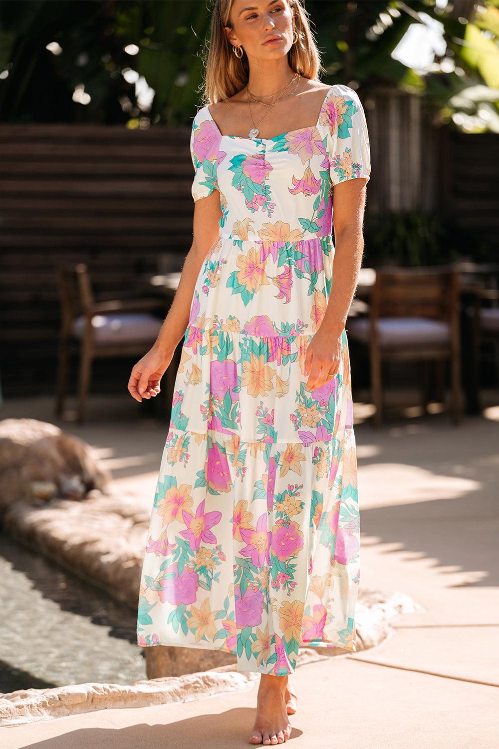 Vierkante Hals Pofmouw Bloemen Maxi-Jurk - Floral Dresses - Jurkjes.co