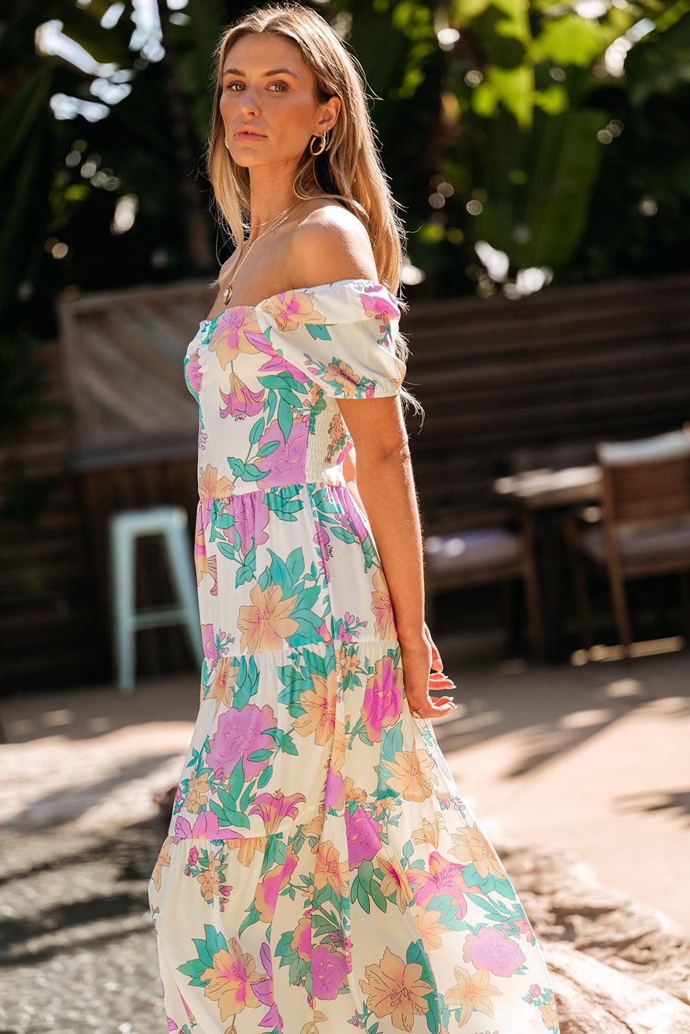 Vierkante Hals Pofmouw Bloemen Maxi-Jurk - Floral Dresses - Jurkjes.co