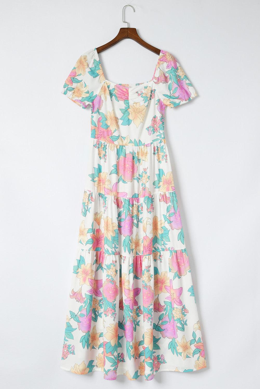 Vierkante Hals Pofmouw Bloemen Maxi-Jurk - Floral Dresses - Jurkjes.co