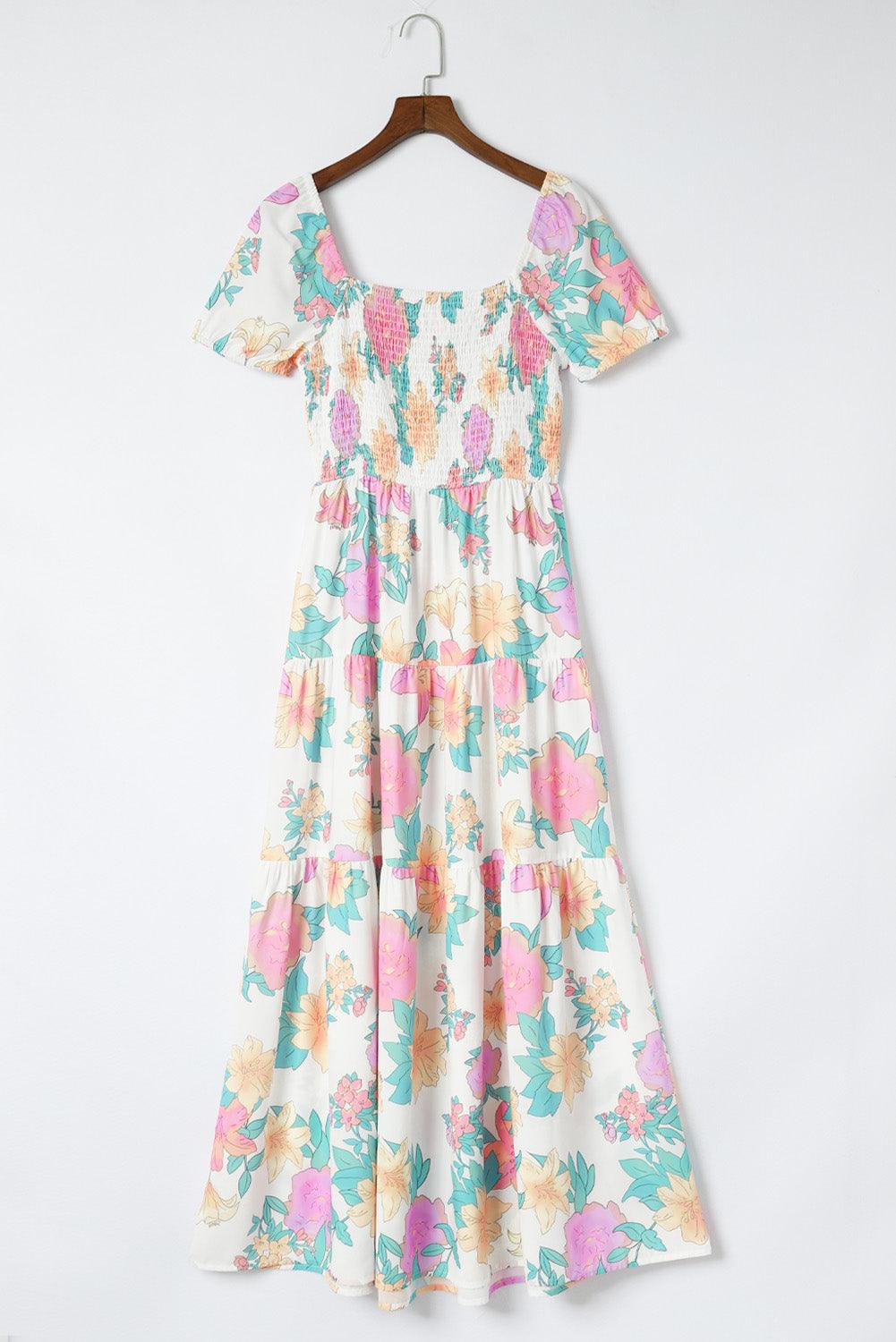 Vierkante Hals Pofmouw Bloemen Maxi-Jurk - Floral Dresses - Jurkjes.co