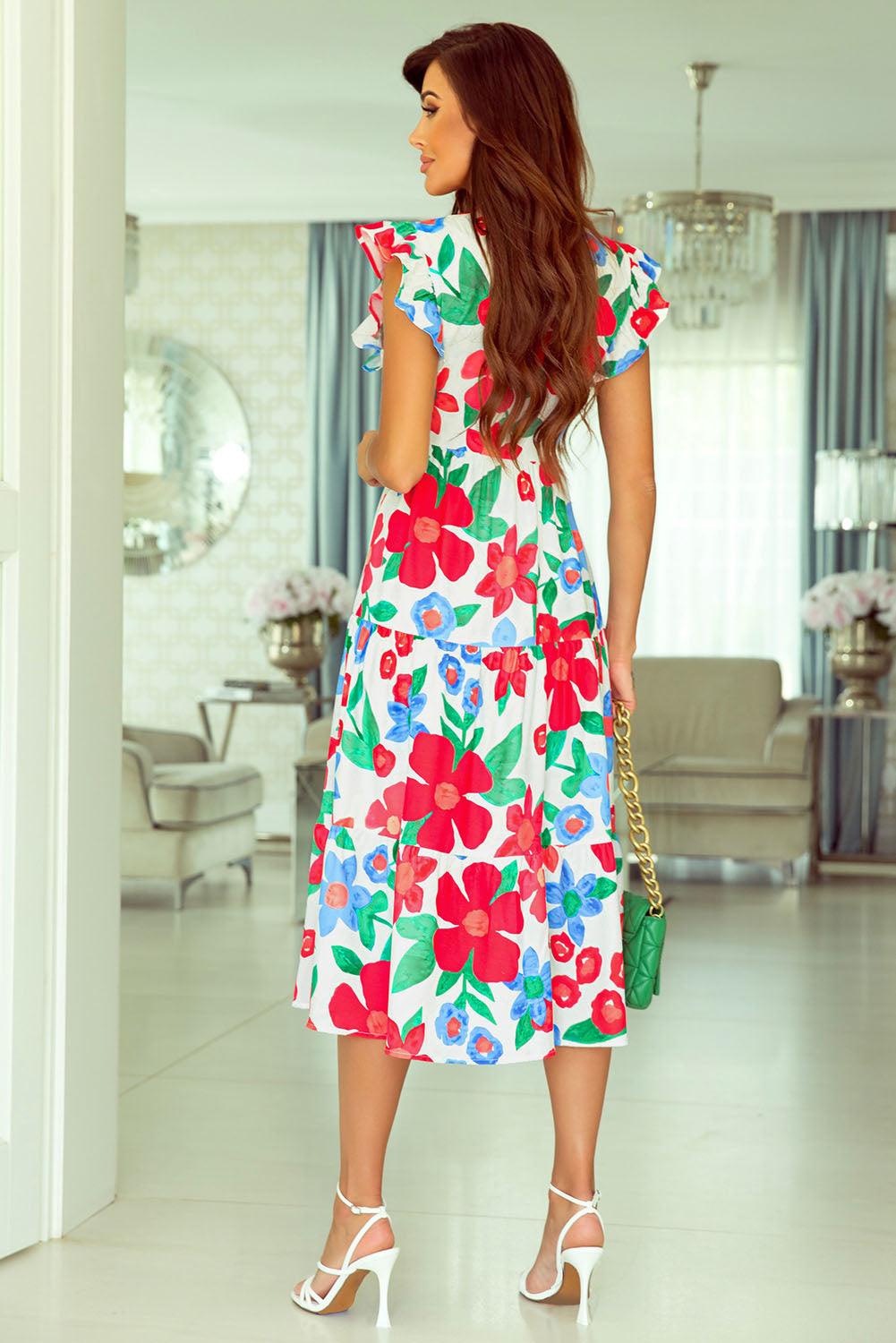 Vlindermouw Midi Jurk met Bloemenprint - Floral Dresses - Jurkjes.co