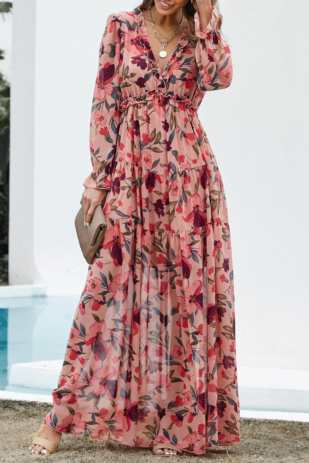 Wild Lotus Gelaagde Maxi Jurk met Ruches - Floral Dresses - Jurkjes.co