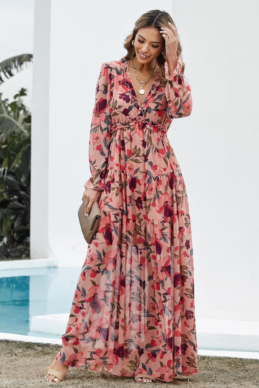 Wild Lotus Gelaagde Maxi Jurk met Ruches - Floral Dresses - Jurkjes.co